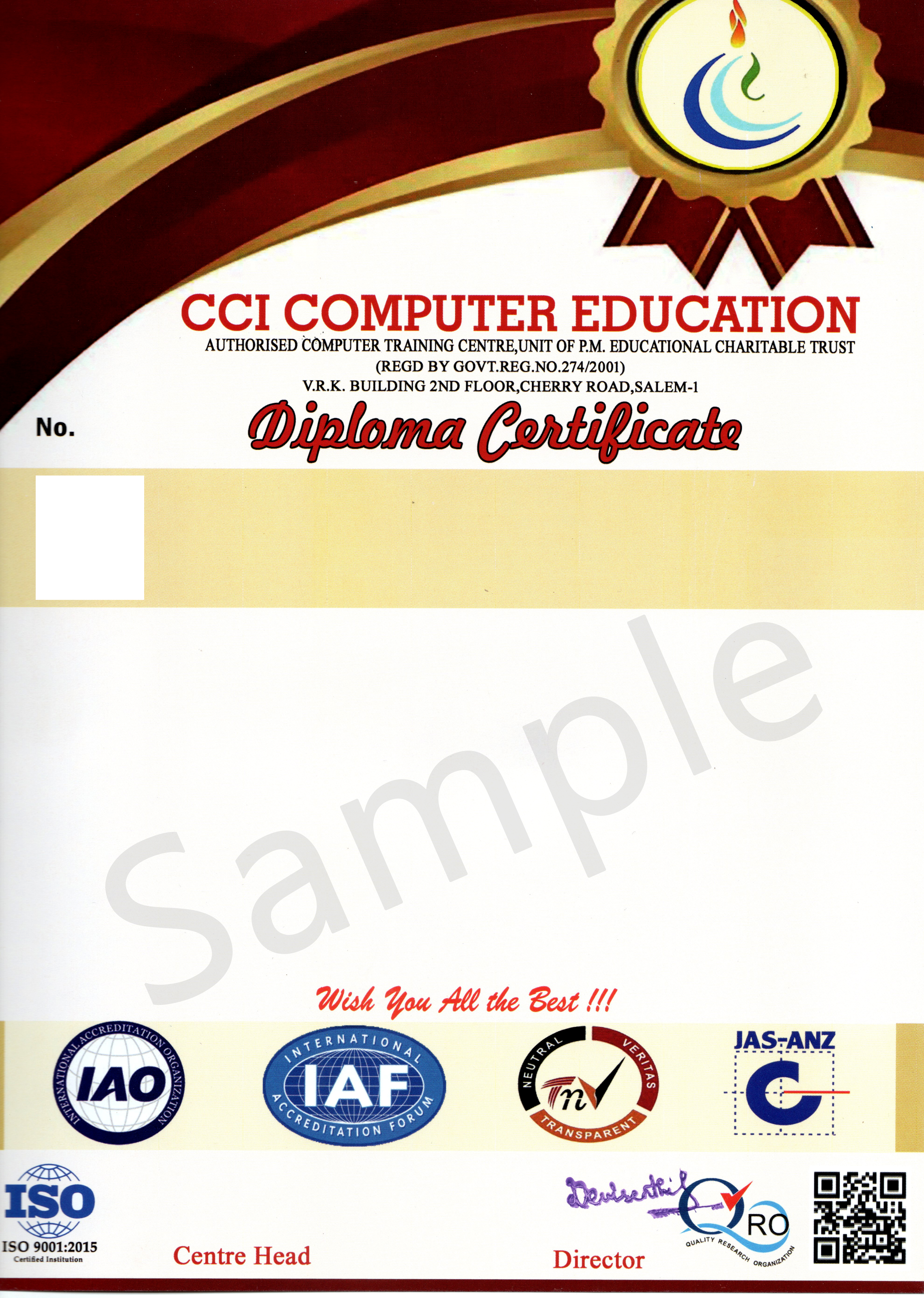 ISO 9001:2015 certification of CCI Computer Education Pudukkottai